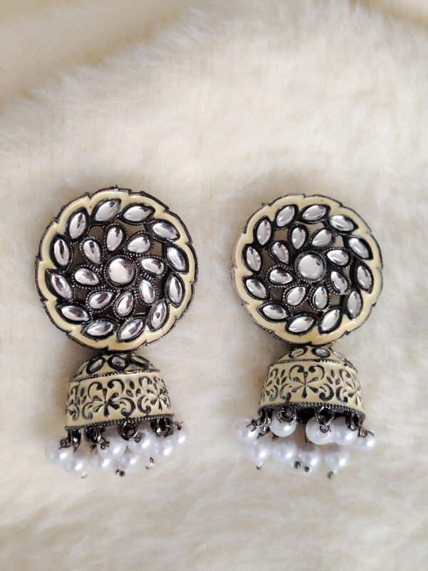 Cream colour Oxidised Silver Jhumka Earring