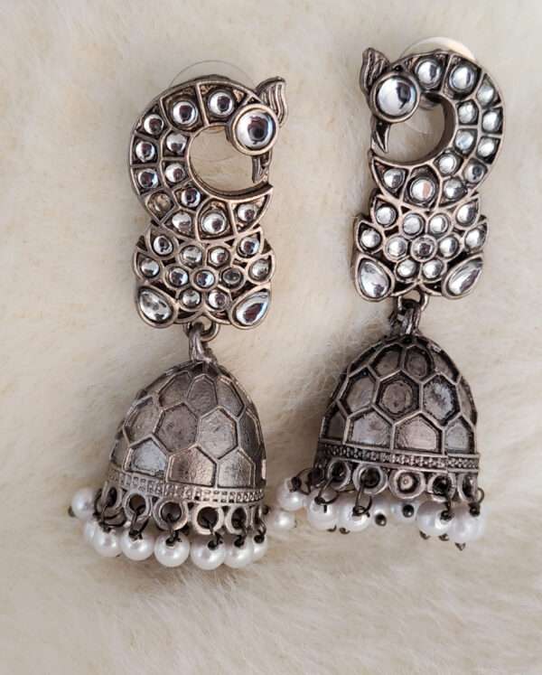 Grey Polished Oxidised White Stone Jhumkis