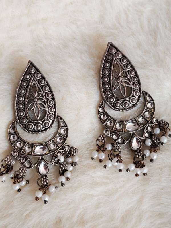 Grey Polished Oxidised Chandbali Earrings