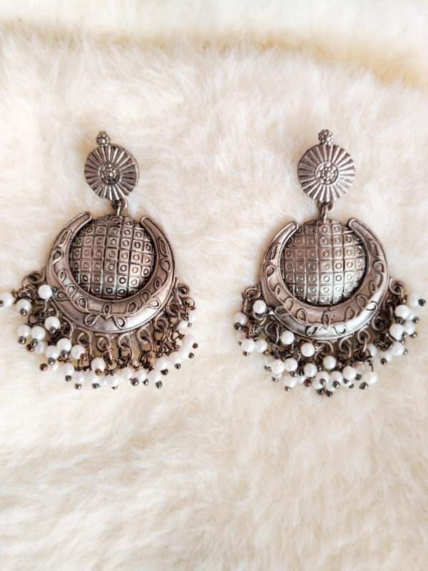Grey Polished Oxidised Long Chandbali Earrings