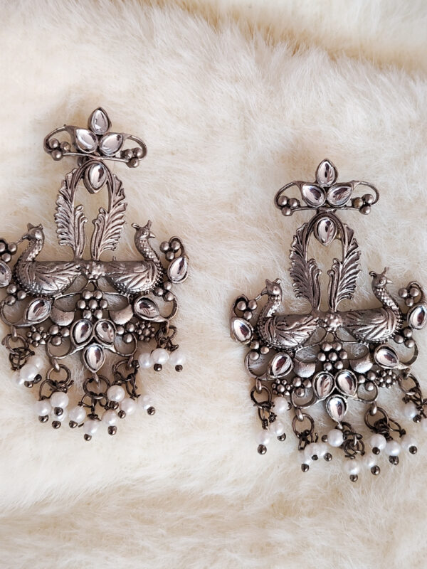 Grey Polished Oxidised Peacock Design Earrings