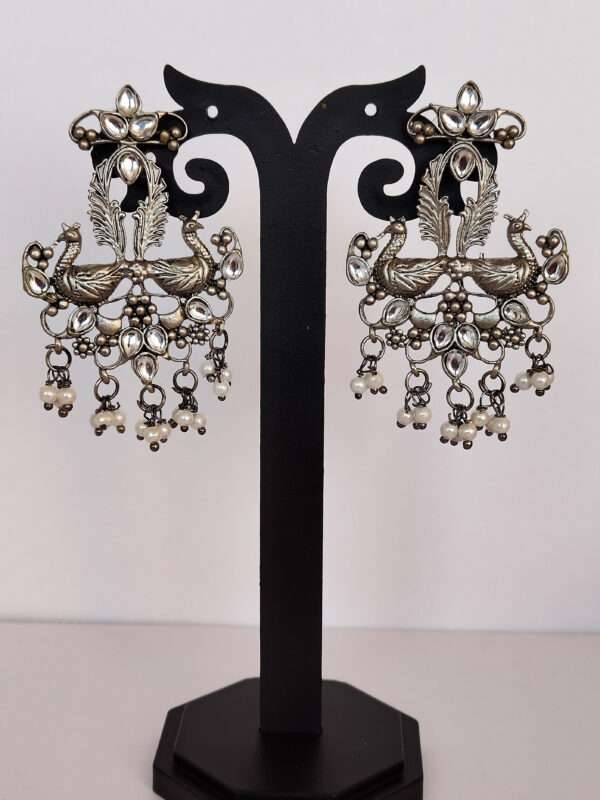 Grey Polished Oxidised Peacock Design Earrings - Image 2