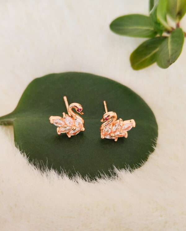Swan Design Rose Gold AD Stud Earrings - Image 2