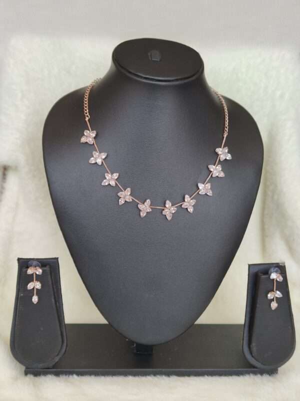 Flower Design Zircon Studded Rose Gold Necklace Set
